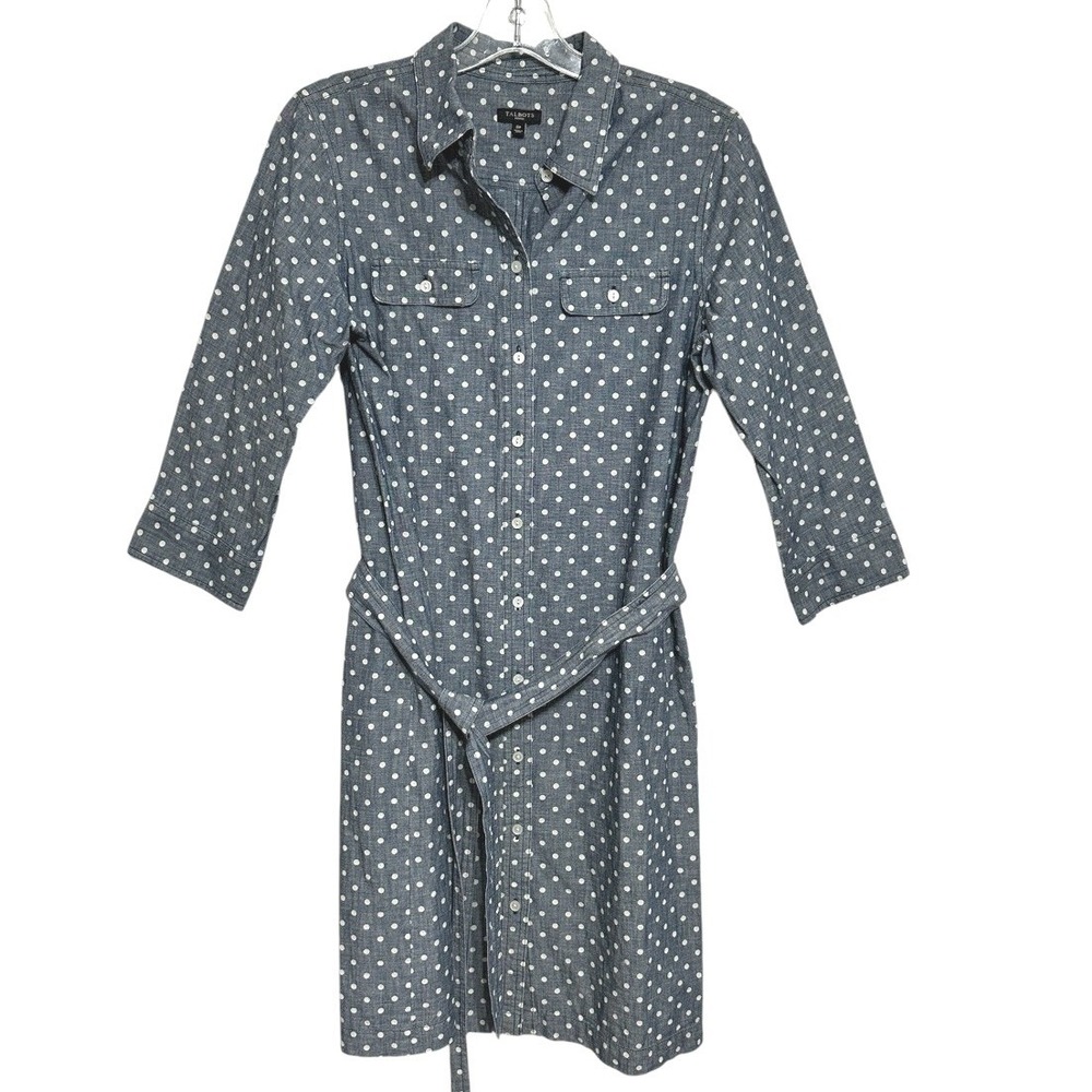 Talbots Shirt Dress Women Blue Polka Dot Chambray Cotton Belted Preppy Casual 8P